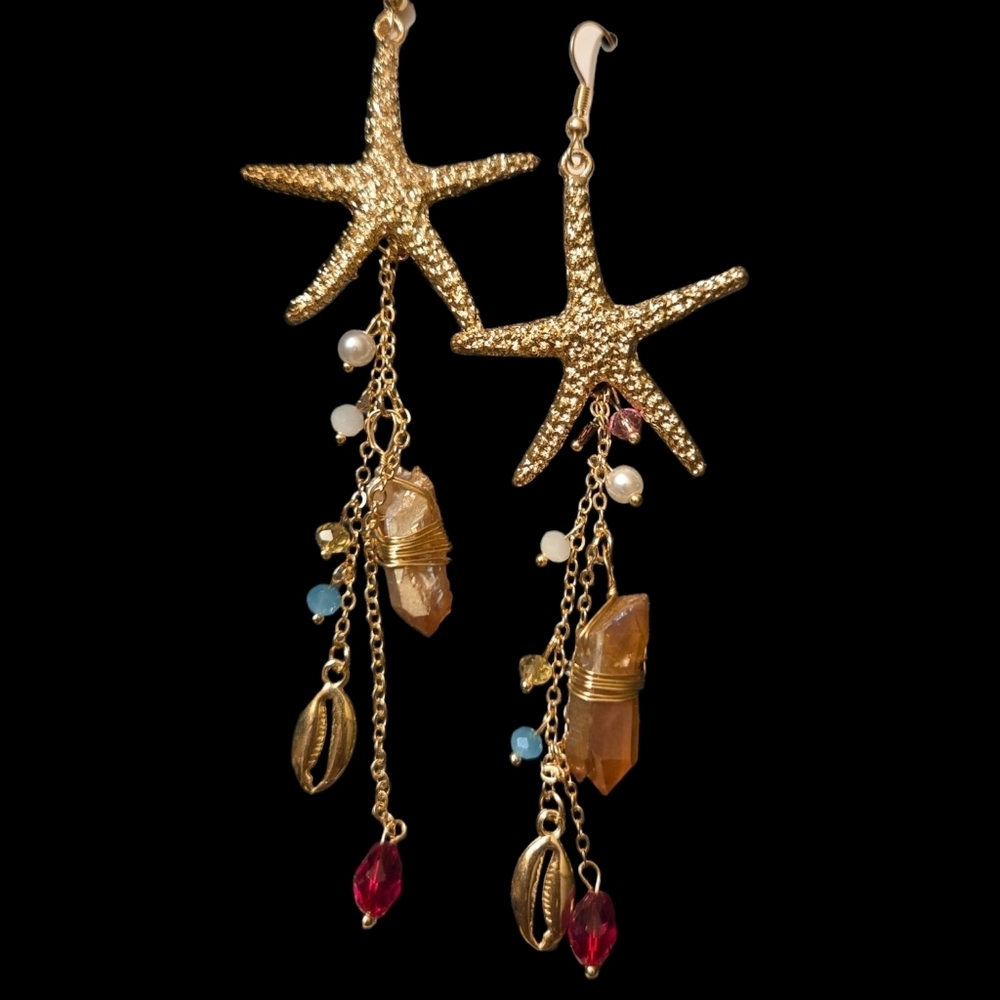 Jasper Starfish Beaded Dangle Earrings NWT